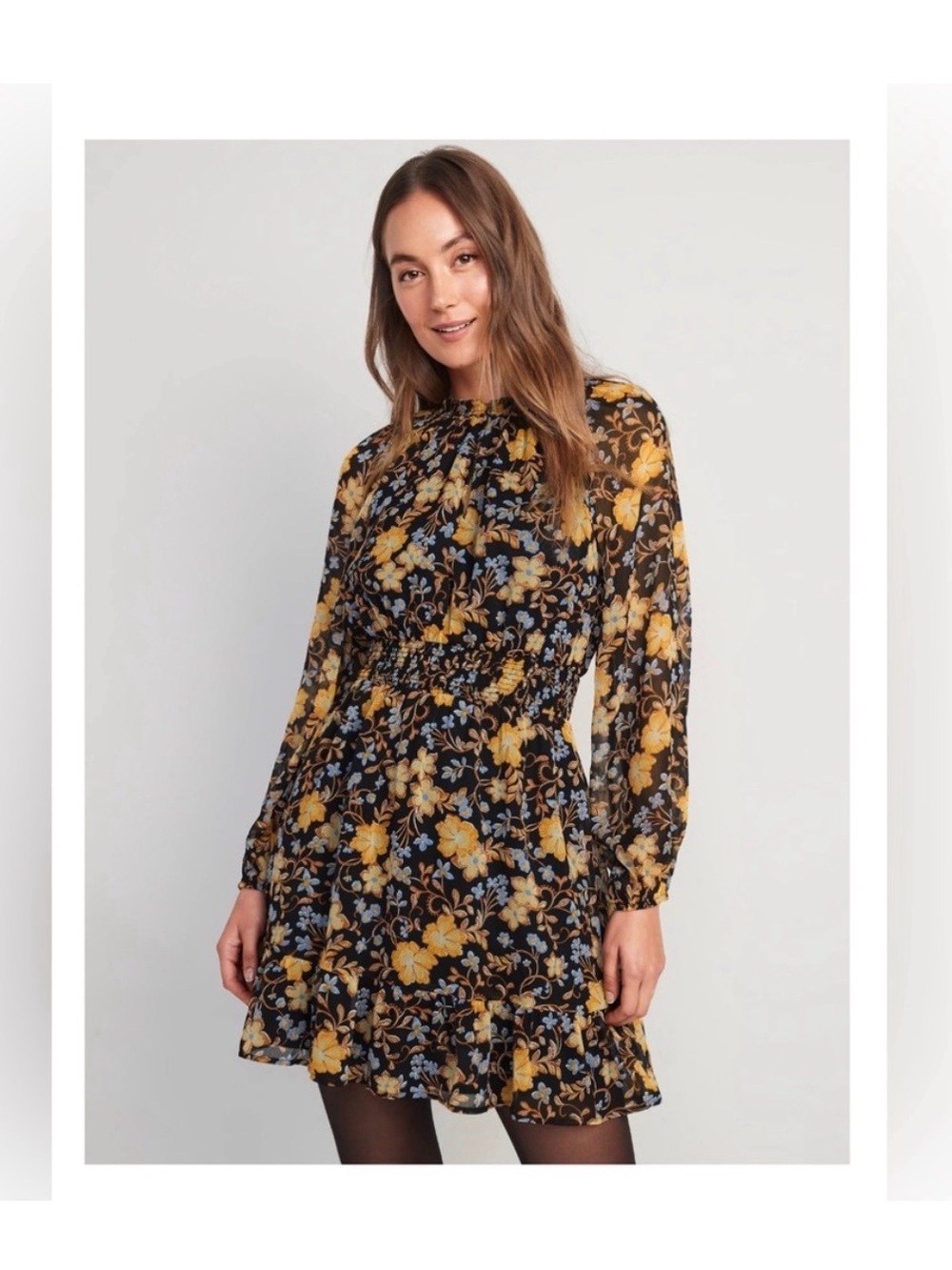 Old Navy Black Floral Long-Sleeve Casual Dress with Yellow Print